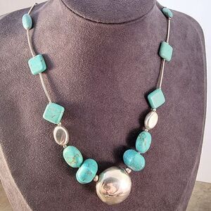 Vintage Sterling Turquoise Stone  Beaded Pendant Necklace